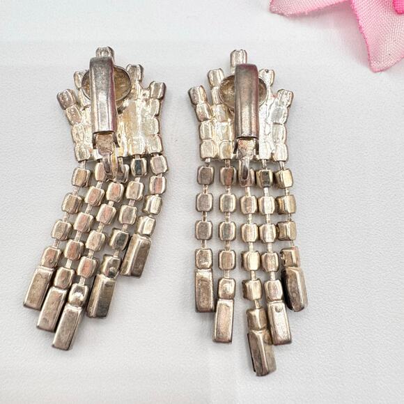 Vintage Art Deco Style Rhinestone Fringe Chandelier Clip On Earrings Regency - Picture 7 of 12